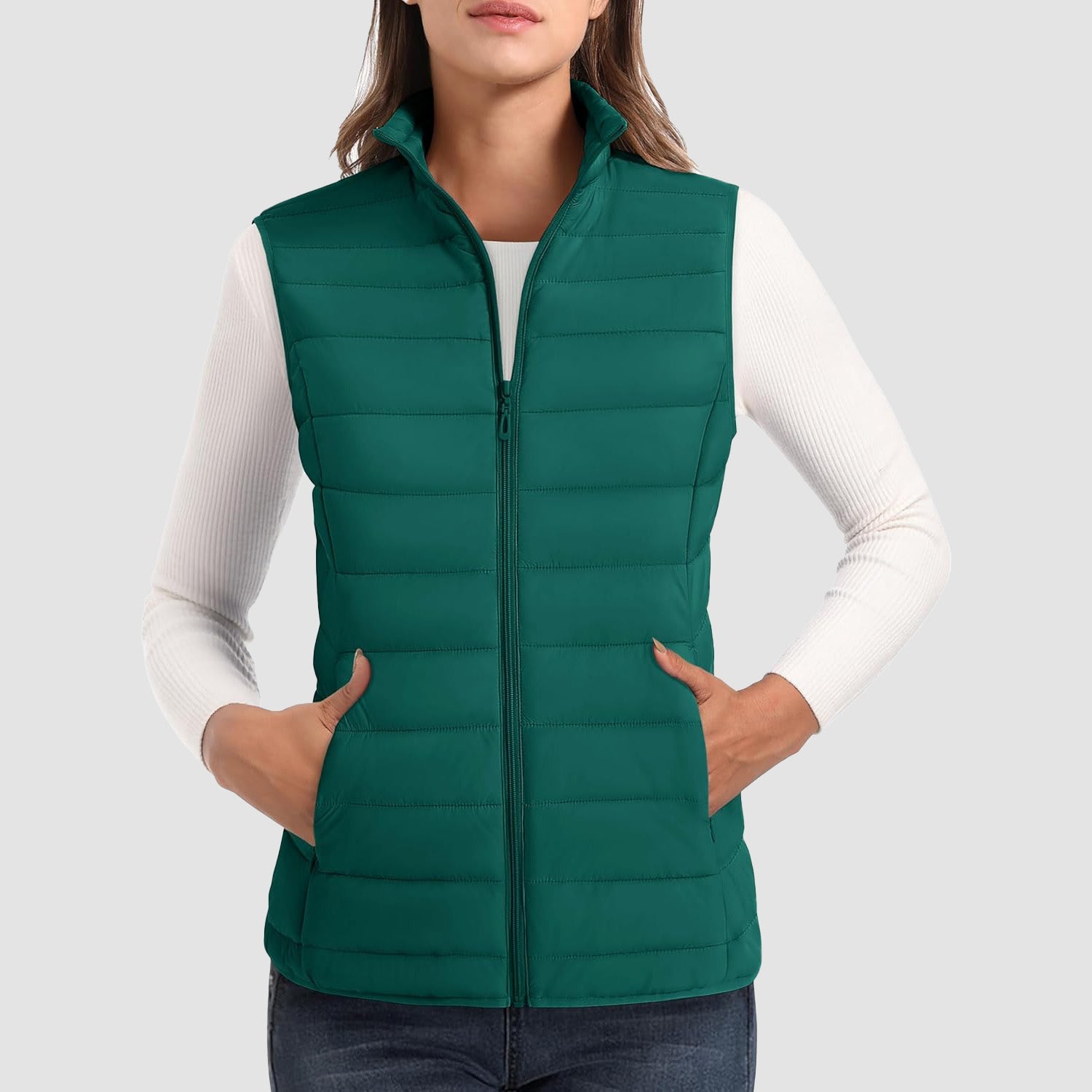 Women's Lightweight Puffer Vest with 4 Pockets & Stand Collar