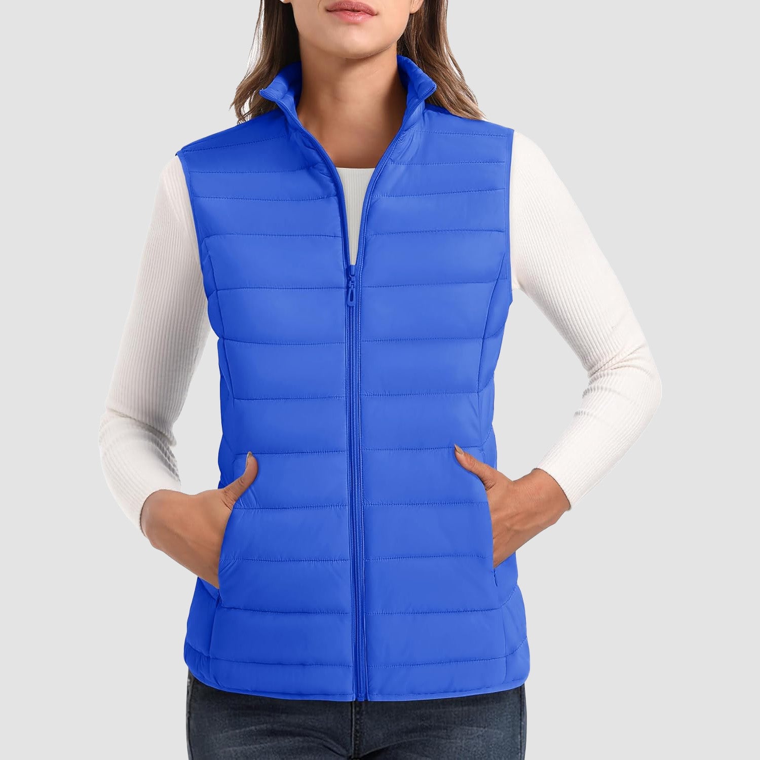 Women's Lightweight Puffer Vest with 4 Pockets & Stand Collar