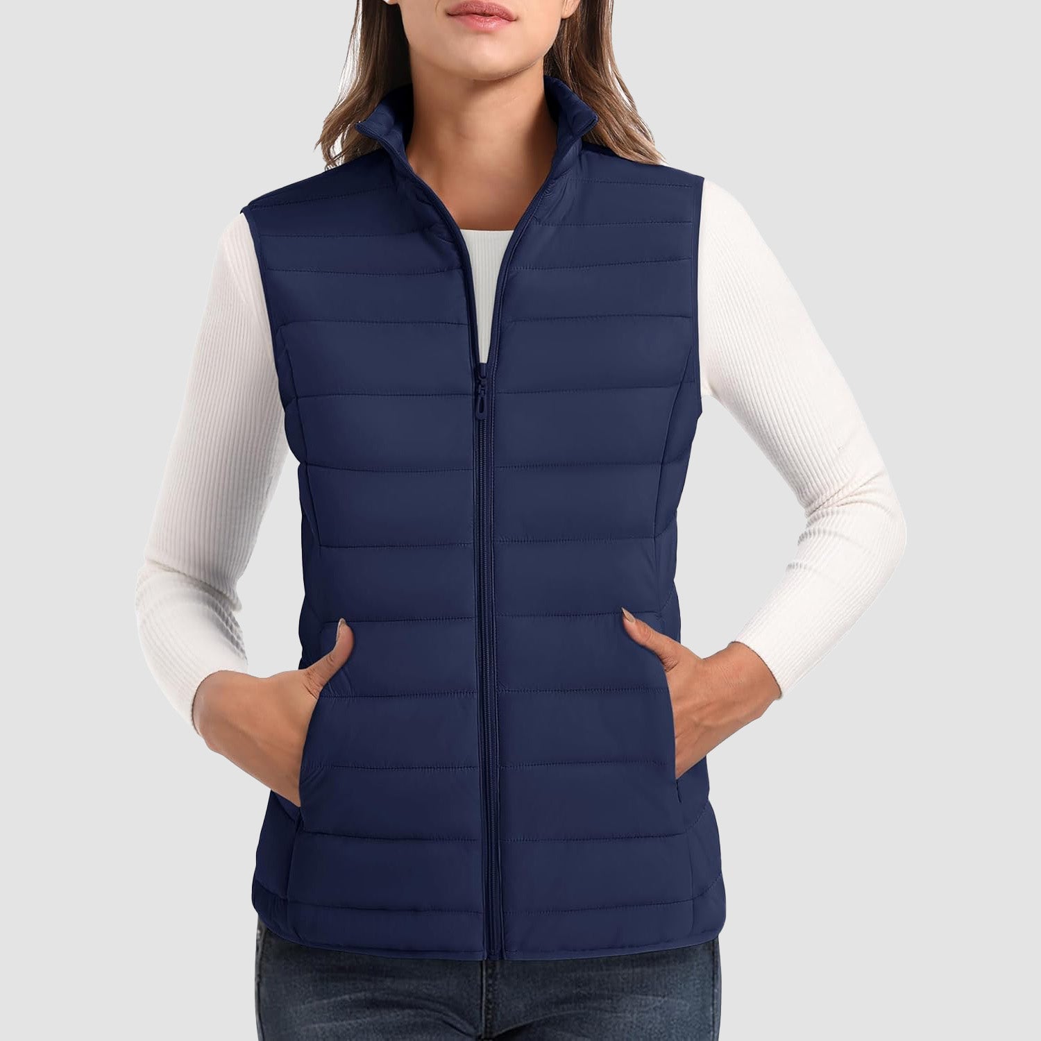 Women's Lightweight Puffer Vest with 4 Pockets & Stand Collar