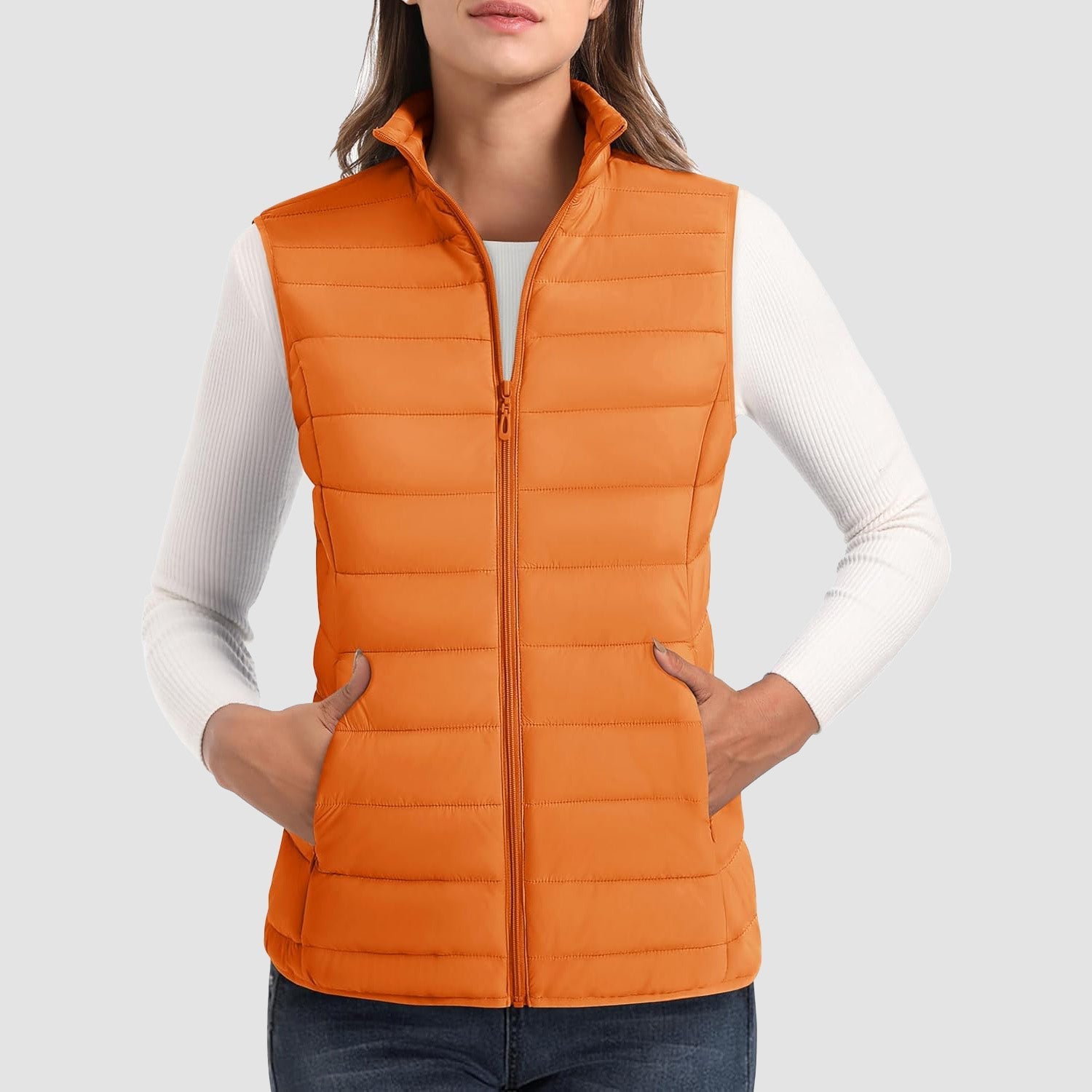 Women's Lightweight Puffer Vest with 4 Pockets & Stand Collar