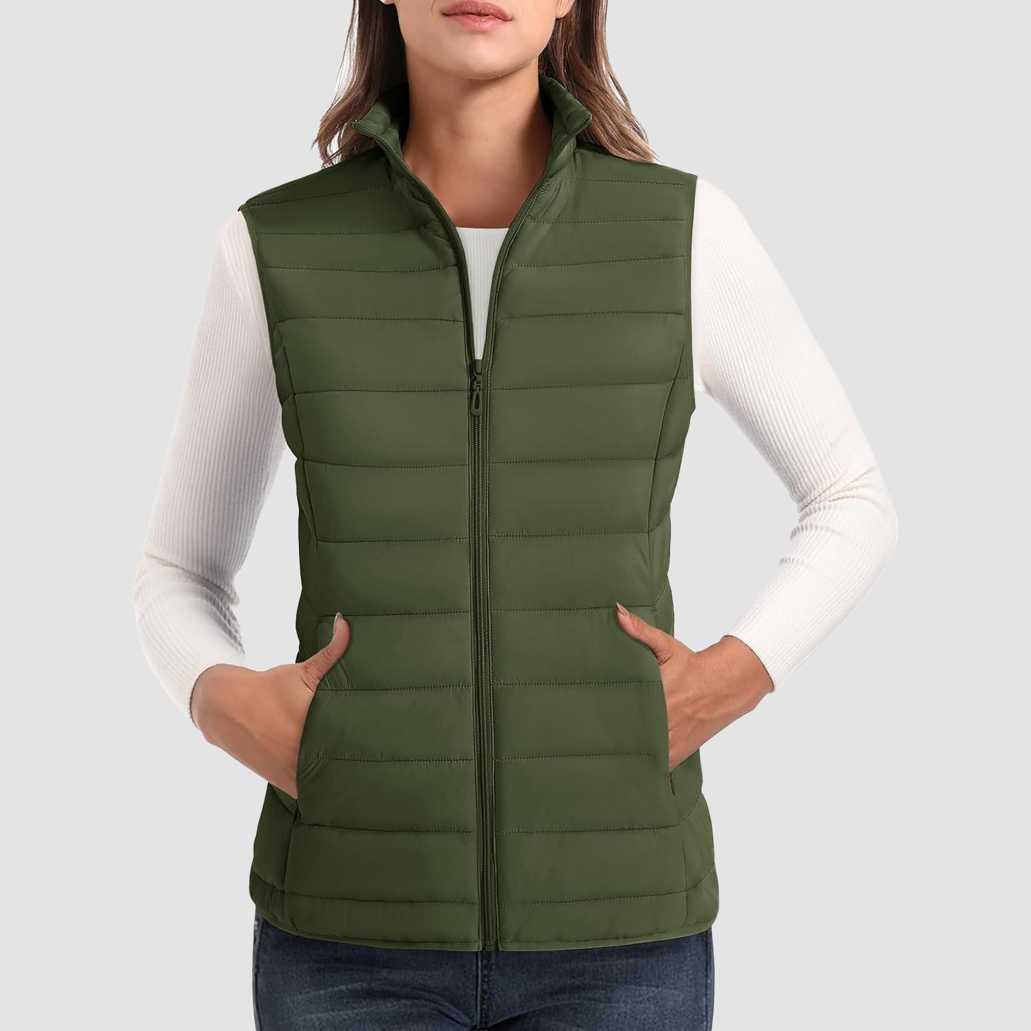 Women's Lightweight Puffer Vest with 4 Pockets & Stand Collar