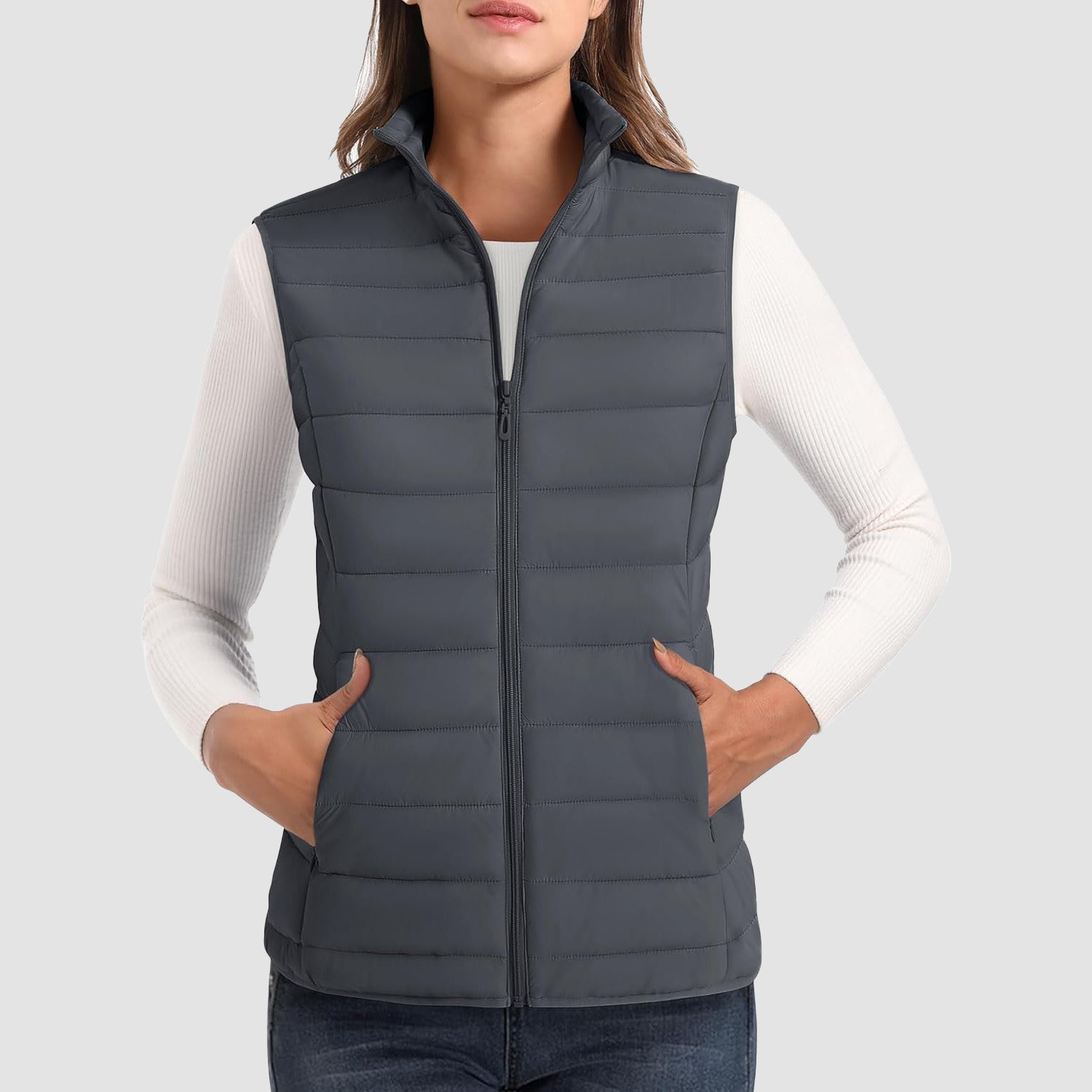 Women's Lightweight Puffer Vest with 4 Pockets & Stand Collar
