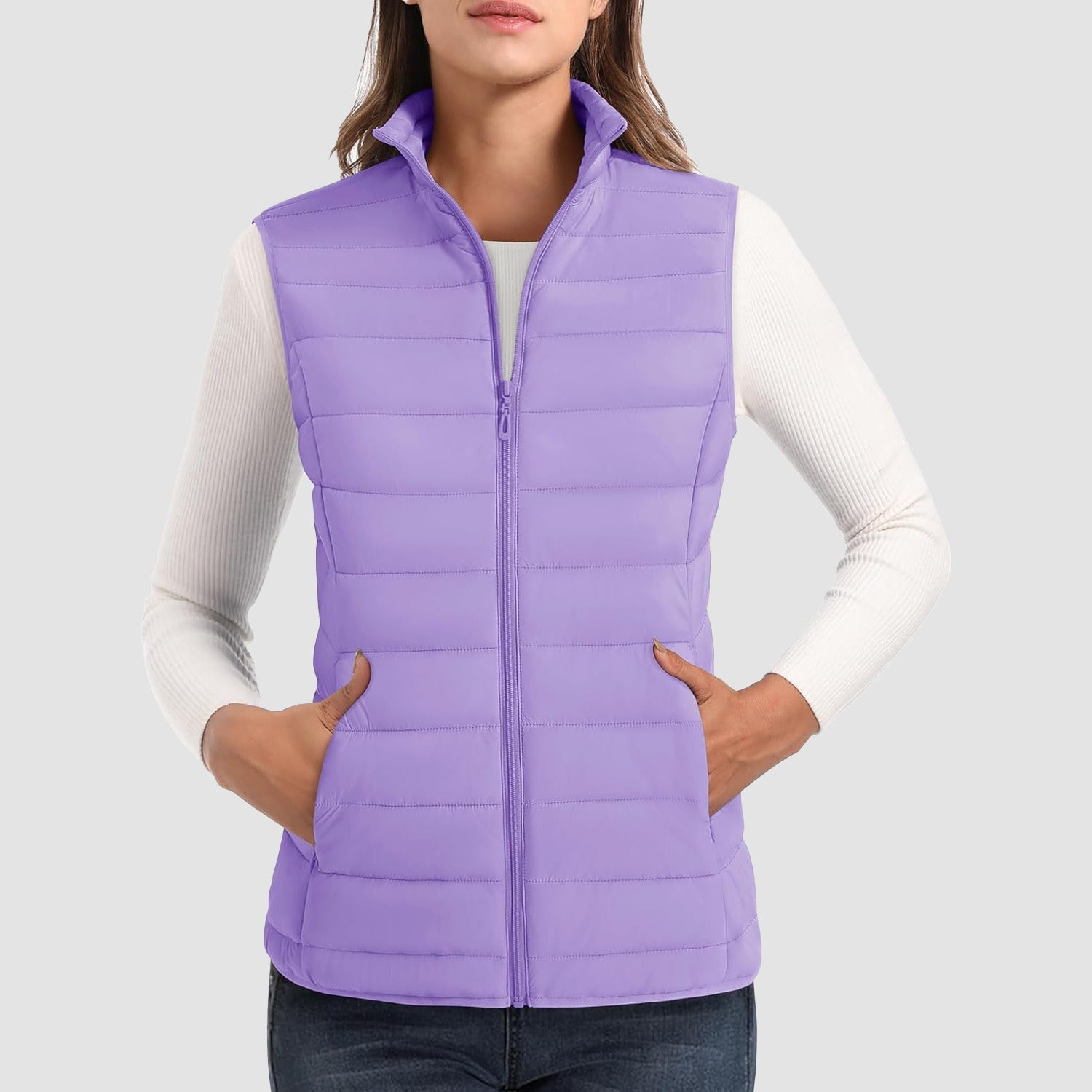 Women's Lightweight Puffer Vest with 4 Pockets & Stand Collar