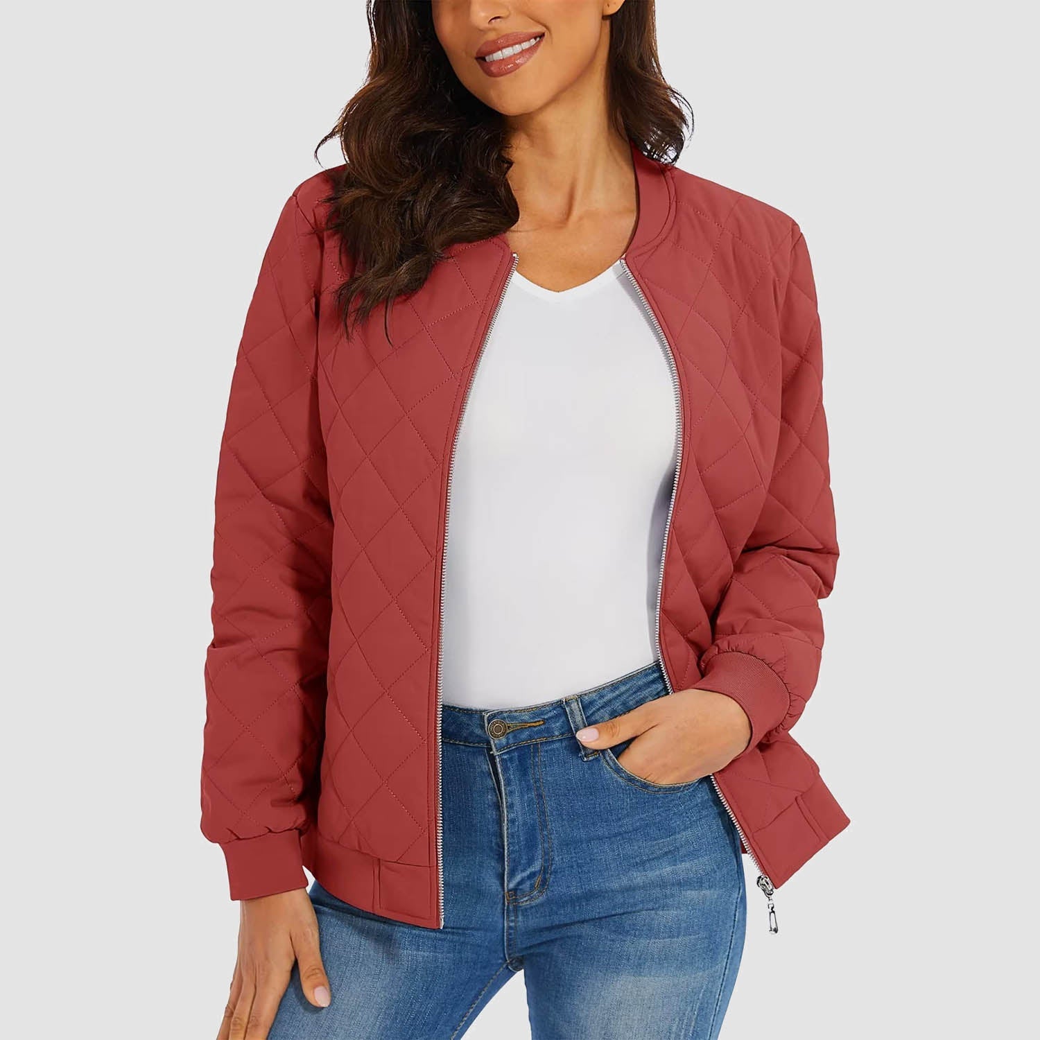 Women's Quilted Bomber Jacket with 2 Zip Pockets