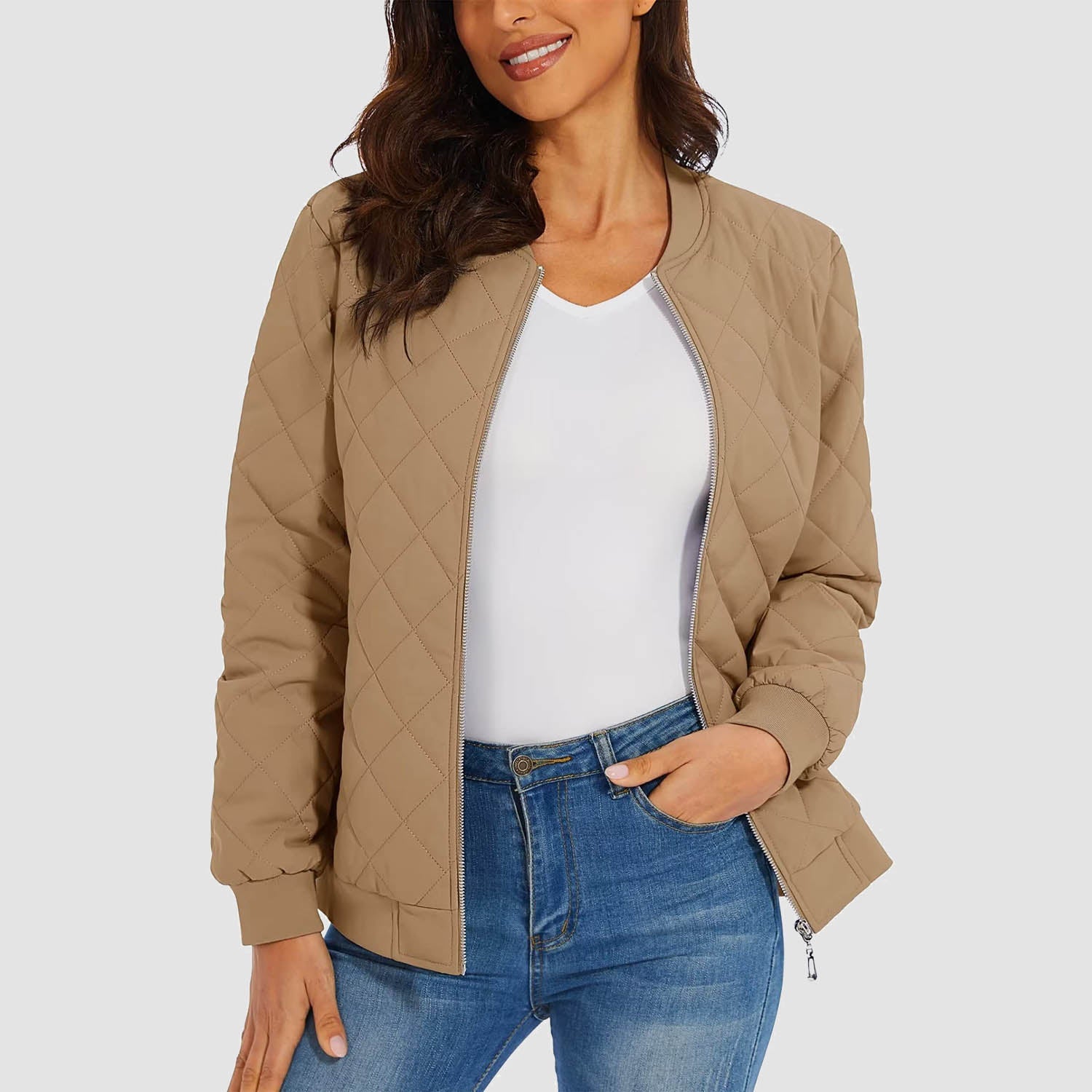 Women's Quilted Bomber Jacket with 2 Zip Pockets