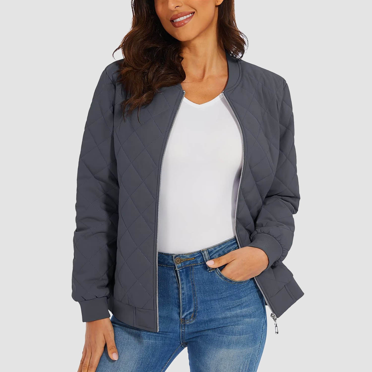 Women's Quilted Bomber Jacket with 2 Zip Pockets