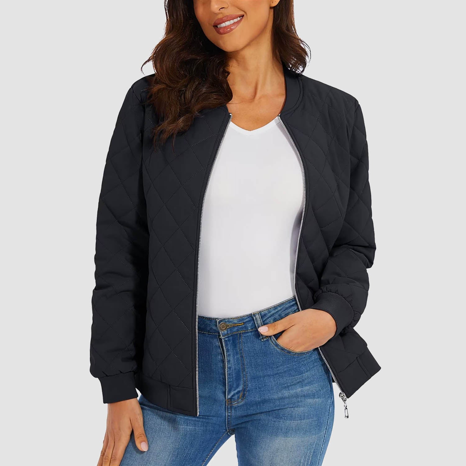 Women's Quilted Bomber Jacket with 2 Zip Pockets