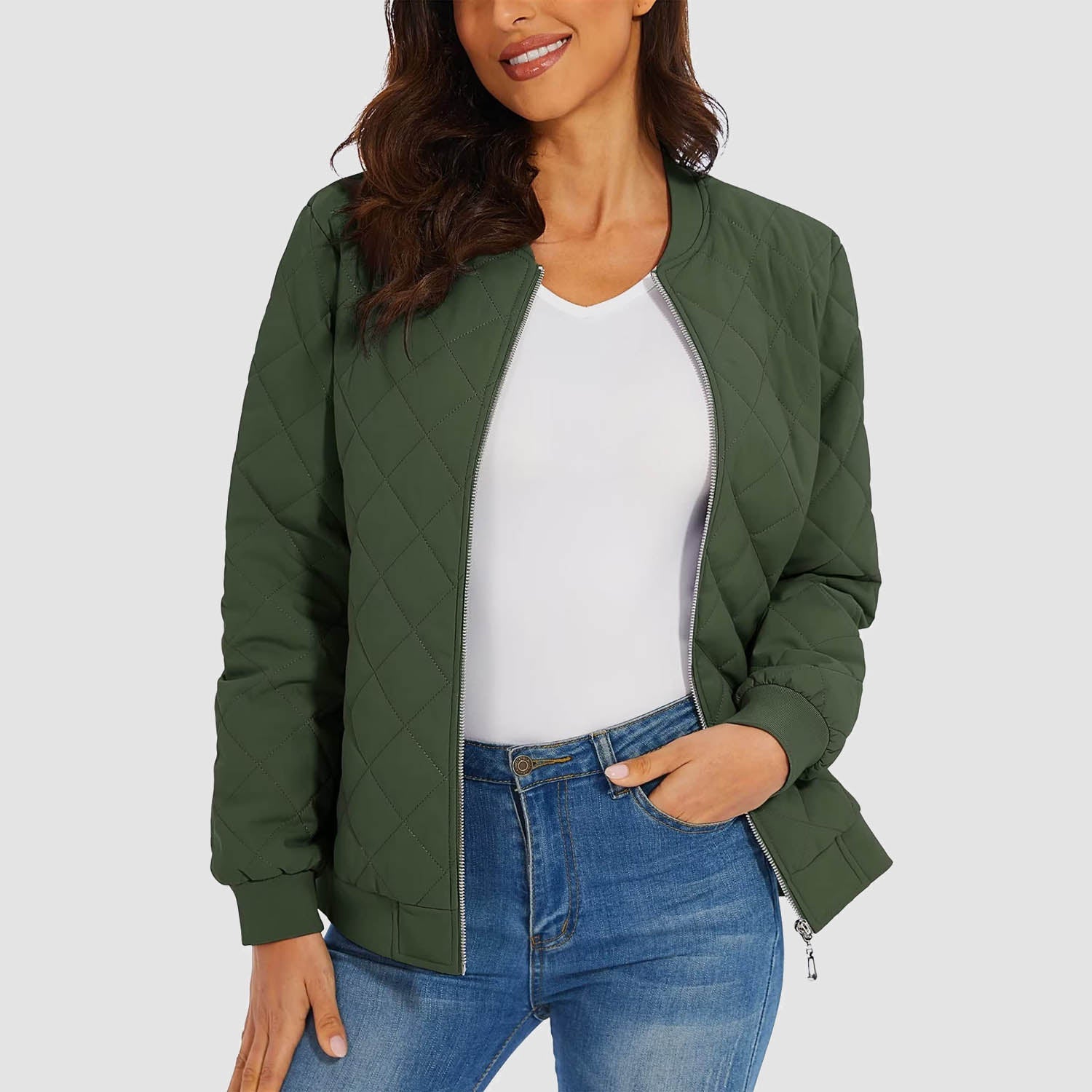 Women's Quilted Bomber Jacket with 2 Zip Pockets