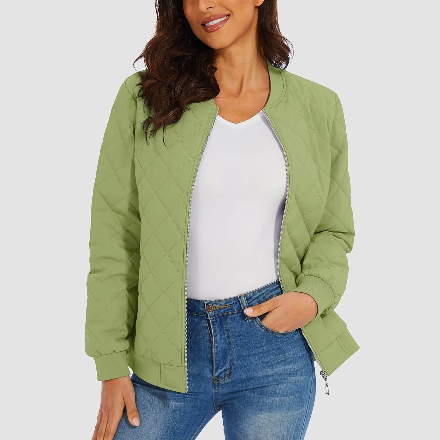 Women's Quilted Bomber Jacket with 2 Zip Pockets