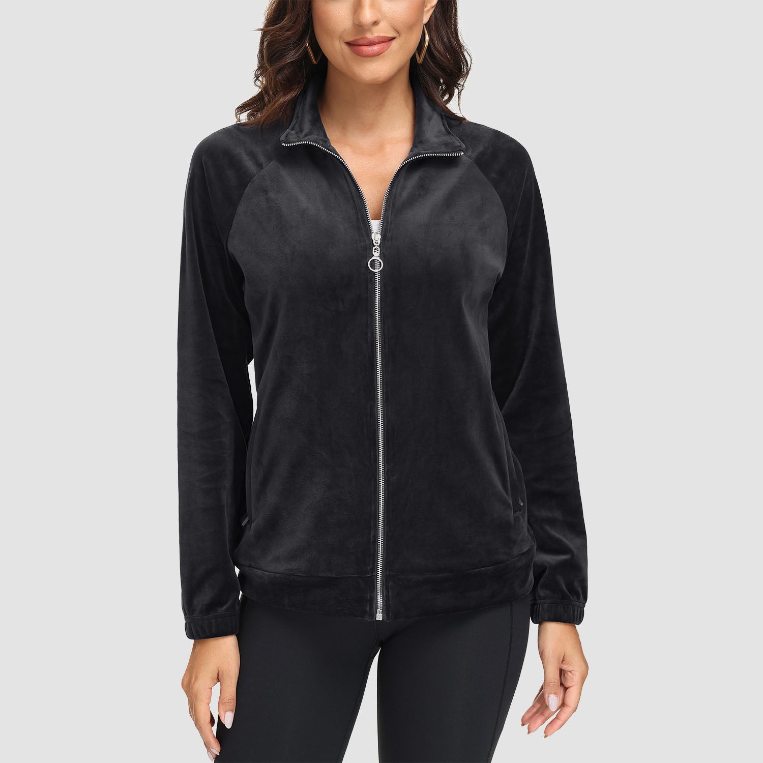 Women's Velour Fleece Jacket - Full Zip & Zipper Pockets