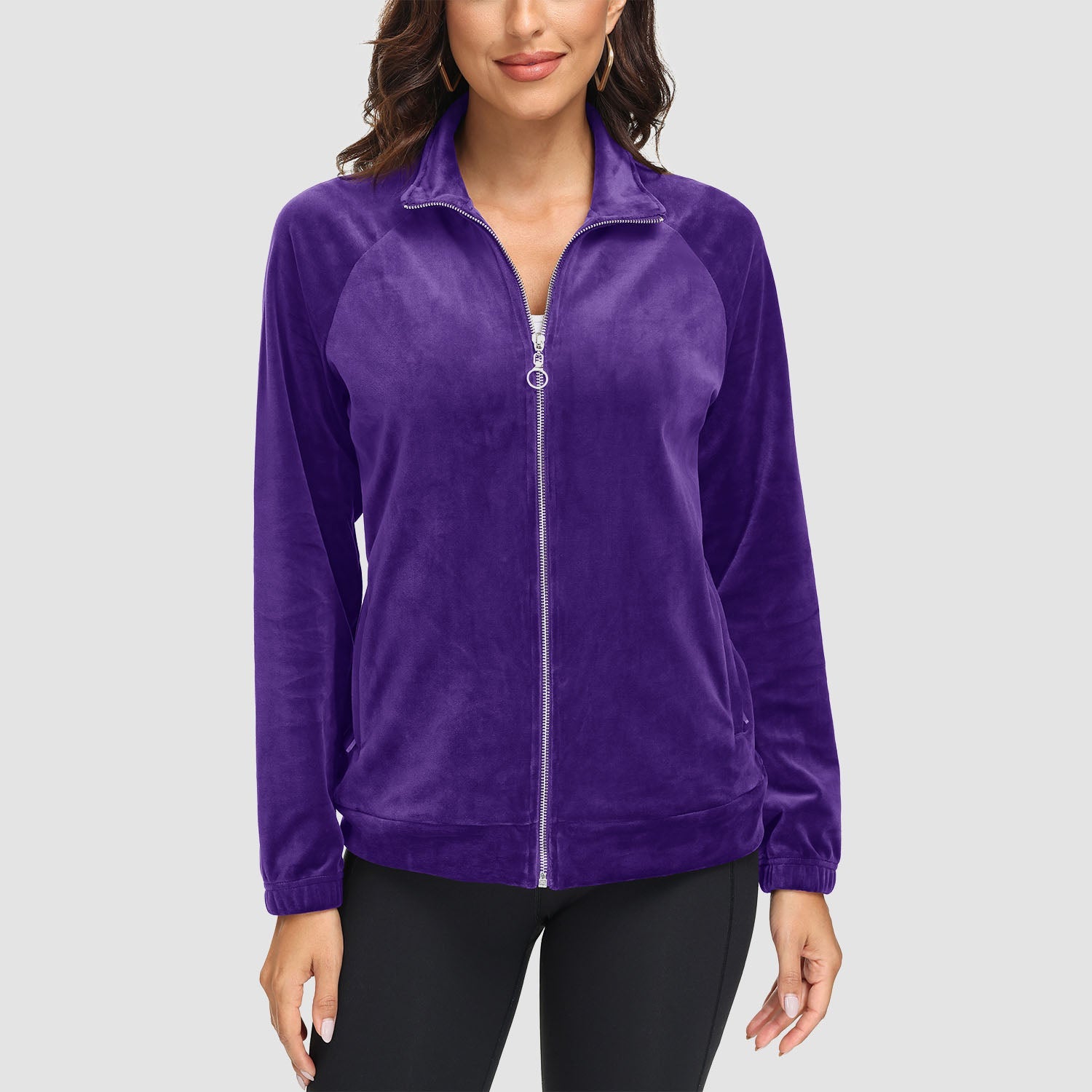 Women's Velour Fleece Jacket - Full Zip & Zipper Pockets