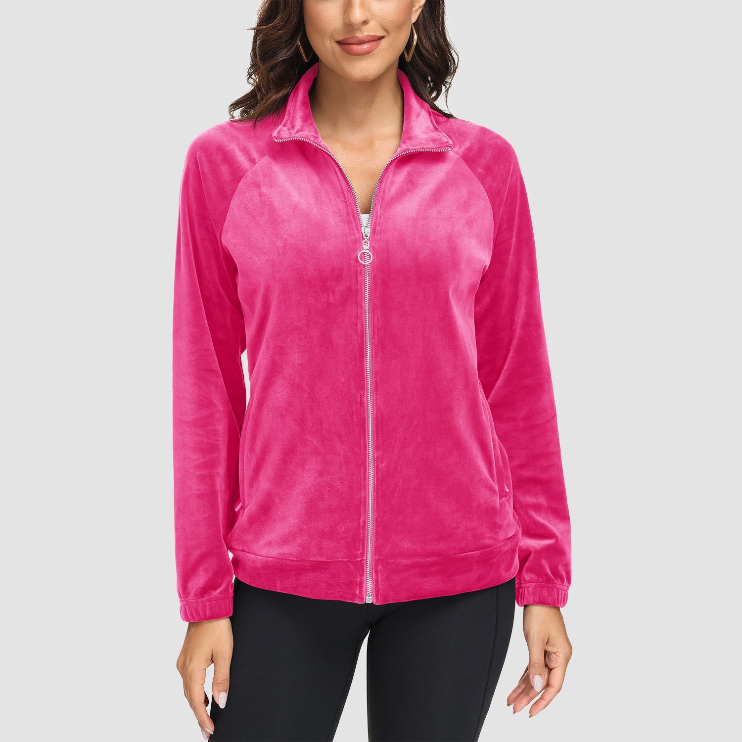Women's Velour Fleece Jacket - Full Zip & Zipper Pockets