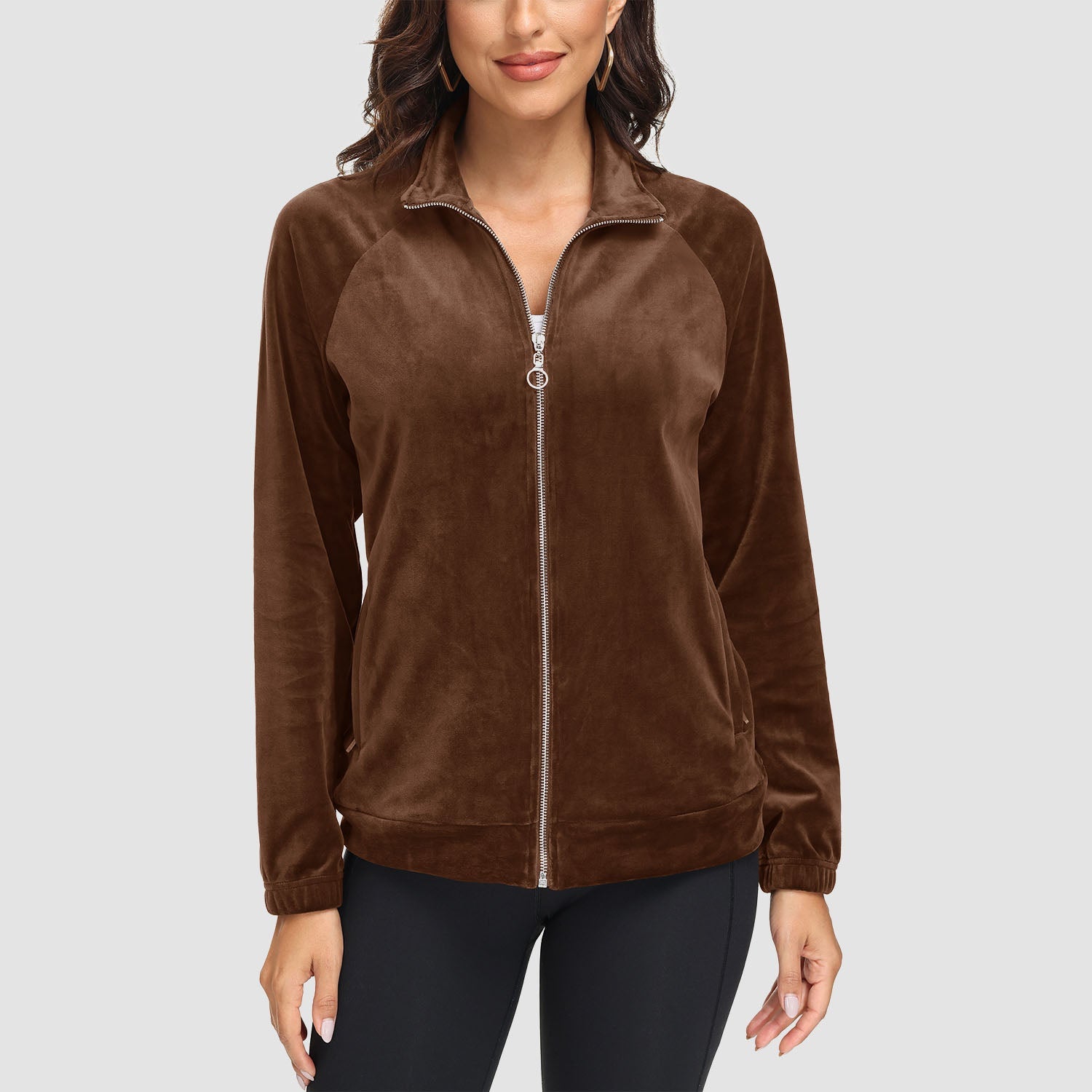 Women's Velour Fleece Jacket - Full Zip & Zipper Pockets